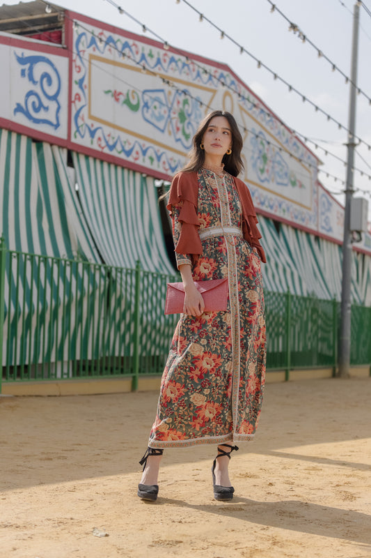 Vestido Lyra  Verde Petroleo y Coral