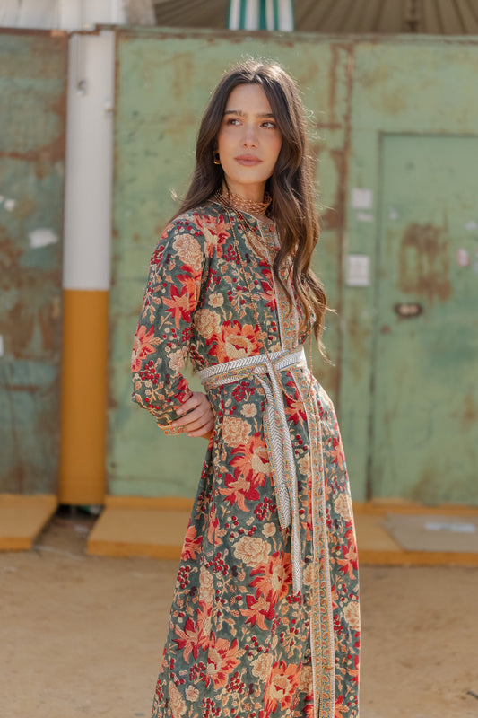 Vestido Lyra  Verde Petroleo y Coral